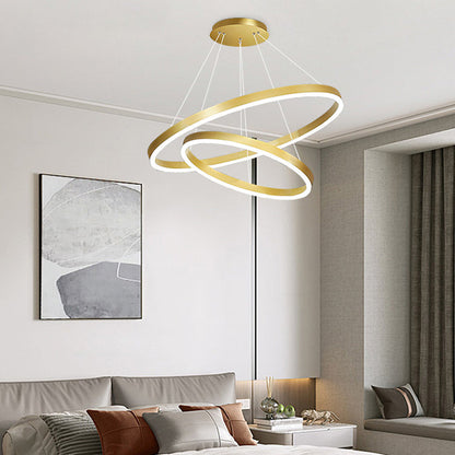 Lustra LED suspendata cu telecomanda CHRISTINE, 41W, 2 Cercuri, lumina Rece/Calda/Neutra, Dimabila, Auriu Lucios, Inaltime Reglabila