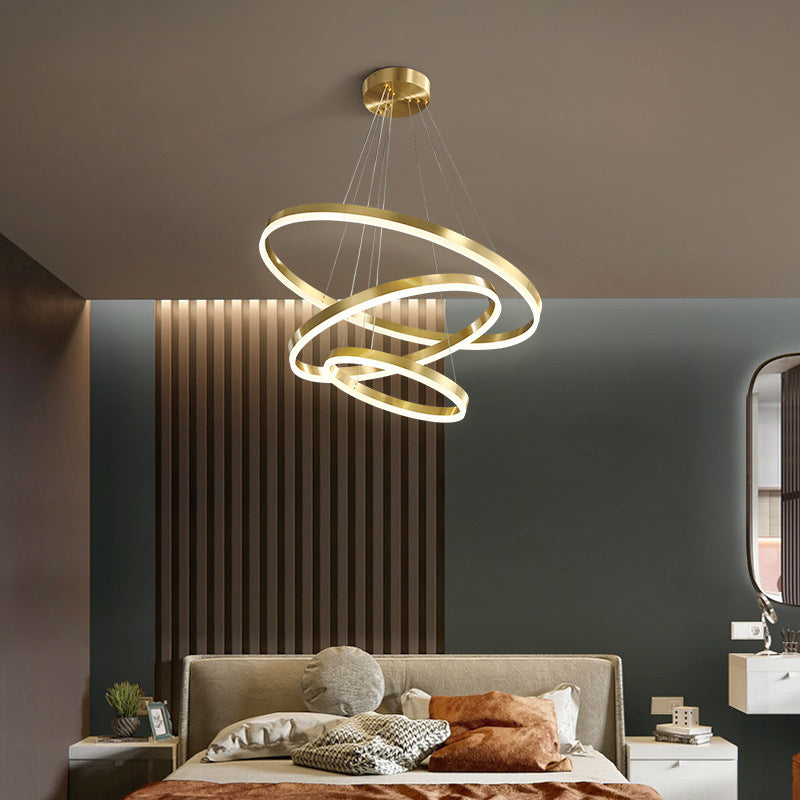 Lustra LED suspendata cu telecomanda ELIZABETH, 85W, 3 Cercuri, lumina Rece/Calda/Neutra, Dimabila, Auriu Lucios, Inaltime Reglabila