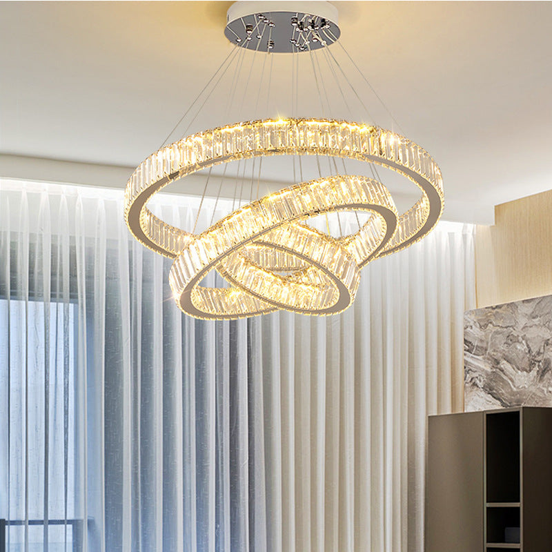 Lustra LED LLC130/3CH, Cristal si Metal, 119W, 3 Cercuri, Dimabila, Inaltime Reglabila, Lumina Rece/Calda/Neutra, Iluminat Luxos
