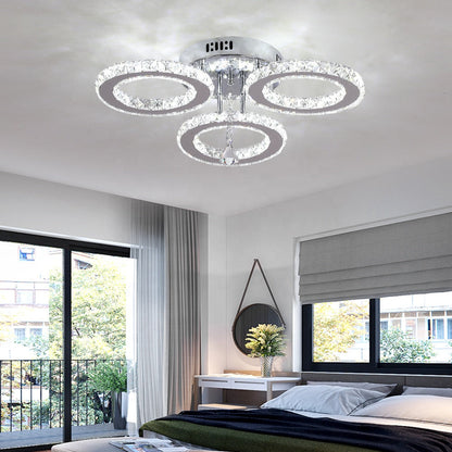 Lustra LED cu telecomanda si cristal ALANUBIS 40W, 3 Cercuri, lumina Rece/Calda/Neutra, Dimabila, Crom Lucios