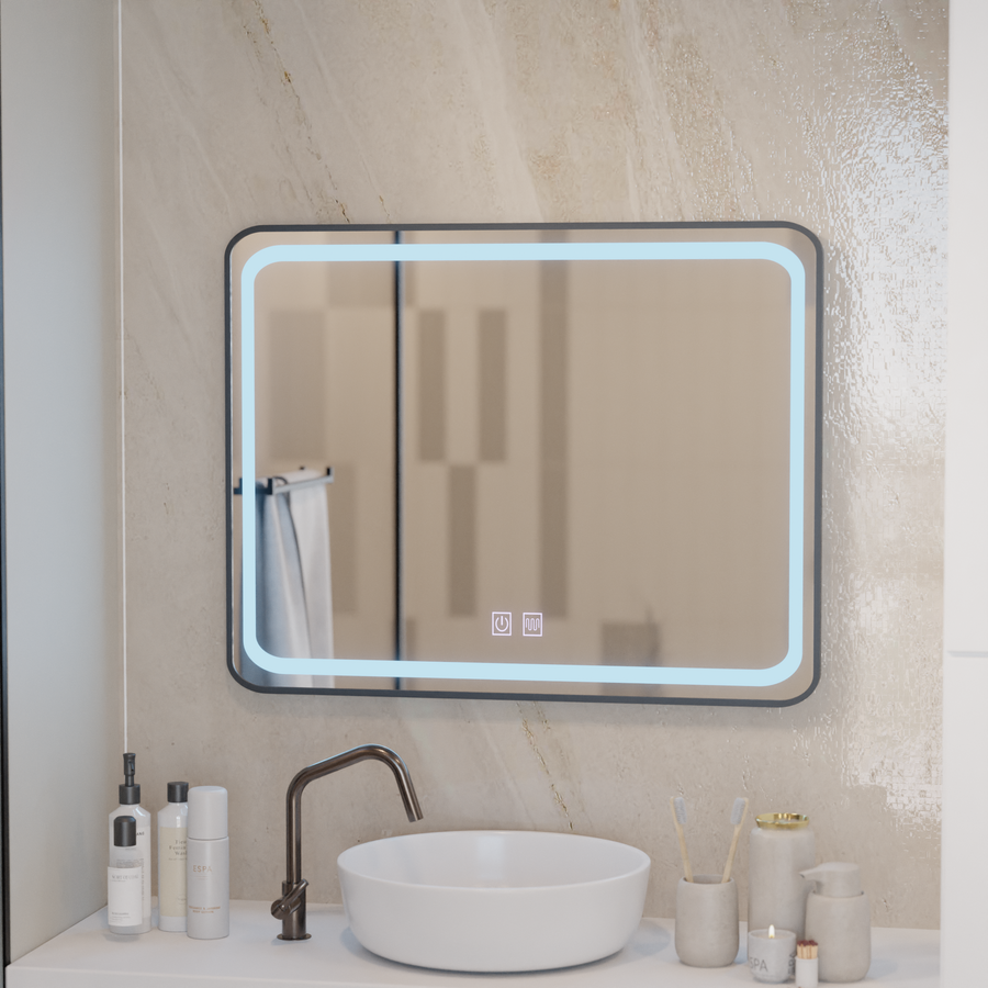 Oglinda LED Rectangulara 80x60cm – EDGE Touch Sistem Dezaburire, Rama Neagra