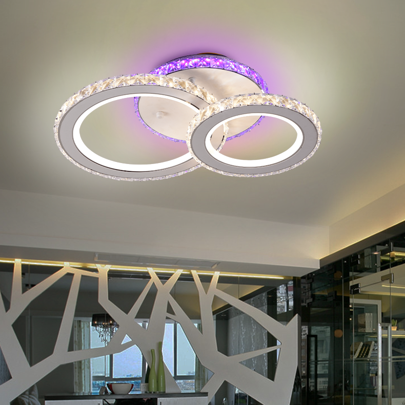 Lustra LED cu telecomanda si cristal NOVA ROTONDA RGB 42W, 2 Cercuri, lumina Rece/Calda/Neutra, Dimabila, Alb