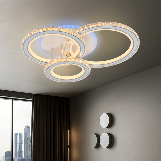 Lustra LED cu telecomanda si cristal NOVA ROTONDA RGB 75W, 3 Cercuri, lumina Rece/Calda/Neutra, Dimabila, Alb