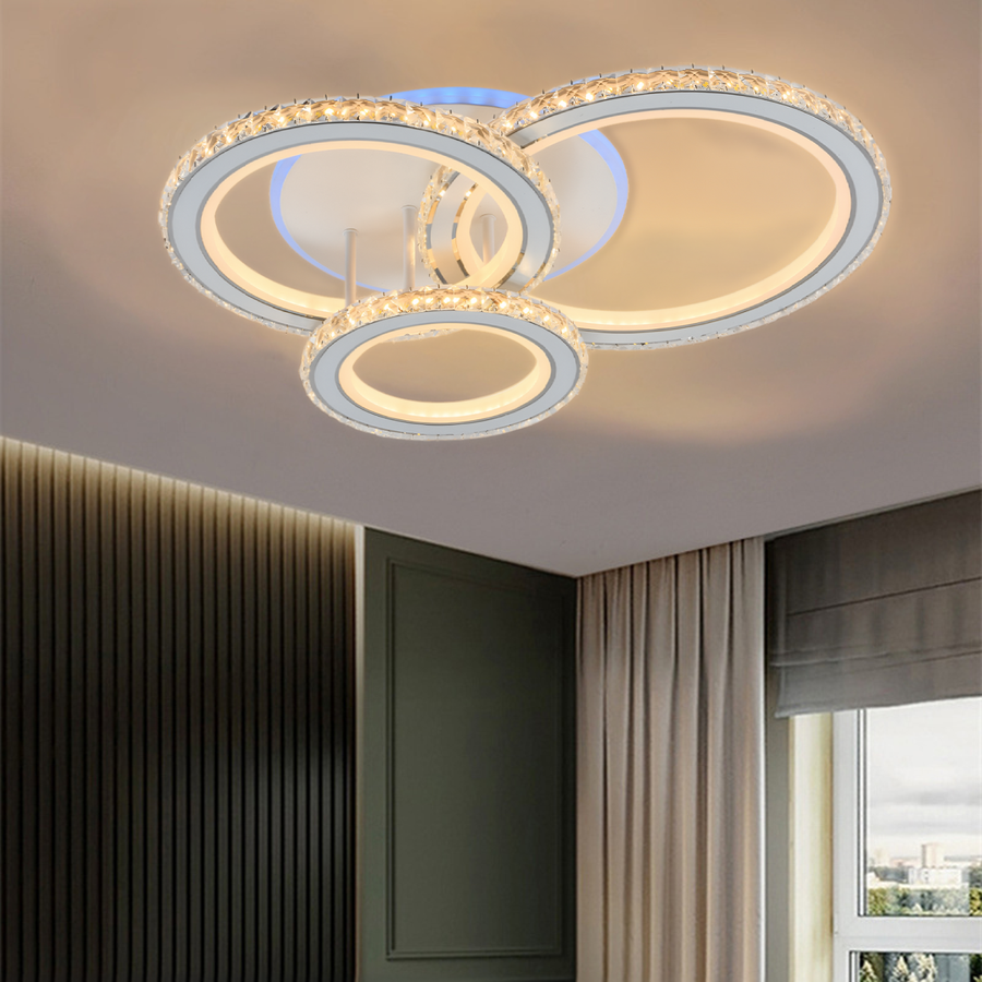Lustra LED cu telecomanda si cristal NOVA ROTONDA RGB 75W, 3 Cercuri, lumina Rece/Calda/Neutra, Dimabila, Alb