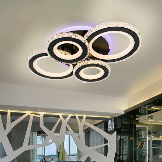 Lustra LED cu telecomanda si cristal NOVA ROTONDA RGB 82W, 4 Cercuri, lumina Rece/Calda/Neutra, Dimabila, Negru