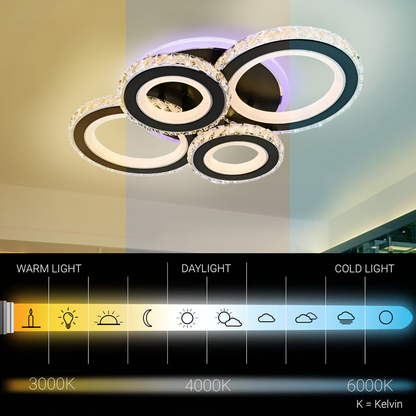 Lustra LED cu telecomanda si cristal NOVA ROTONDA RGB 82W, 4 Cercuri, lumina Rece/Calda/Neutra, Dimabila, Negru