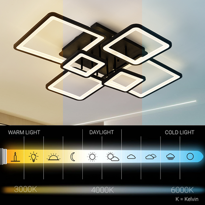 Lustra LED cu telecomanda ELLA 120W, 6 Patrate, lumina Rece/Calda/Neutra, Dimabila, Negru, Metal si Acril