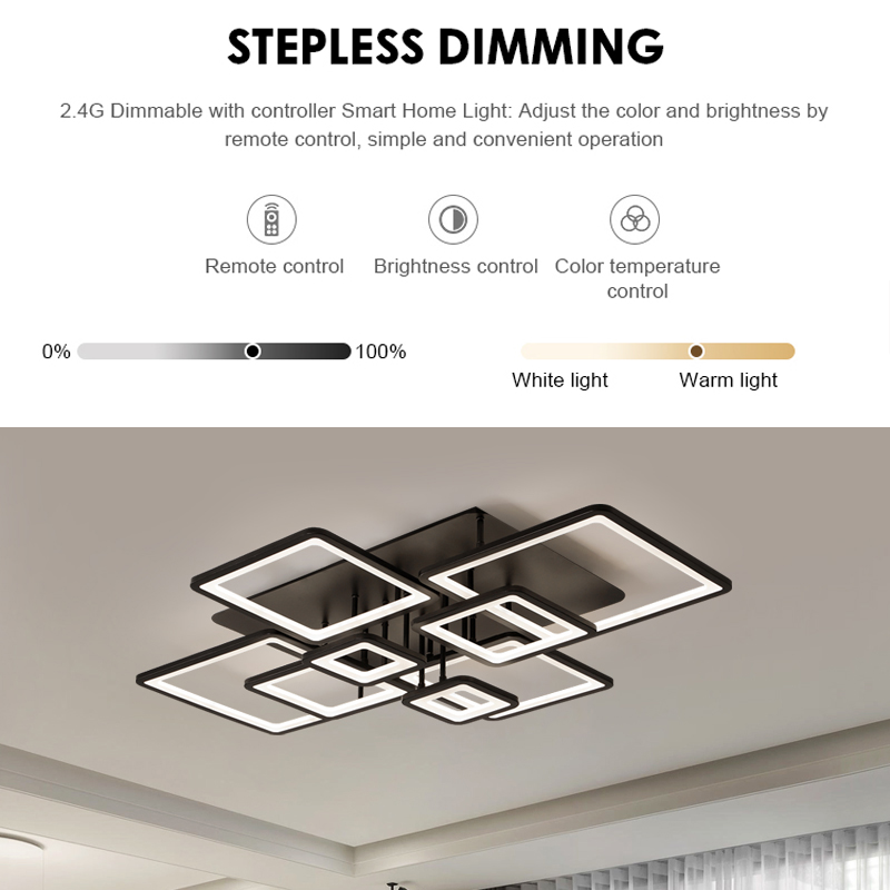 Lustra LED cu telecomanda ELLA 186W, 8 Patrate, lumina Rece/Calda/Neutra, Dimabila, Negru