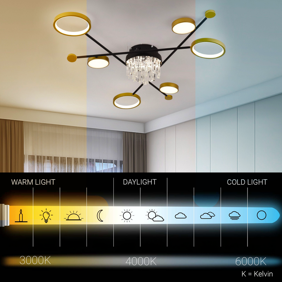 Lustra LED cu telecomanda si cristal GUIDA 38W, 6 Elemente, lumina Rece/Calda/Neutra, Dimabila, Negru Auriu