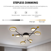 Lustra LED cu telecomanda si cristal GUIDA 38W, 6 Elemente, lumina Rece/Calda/Neutra, Dimabila, Negru Auriu