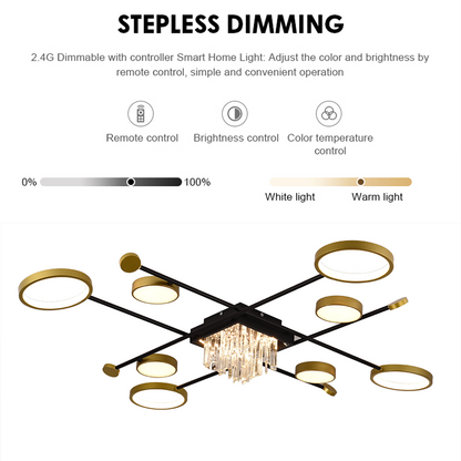 Lustra LED cu telecomanda si cristal GUIDA 46W, 8 Elemente, lumina Rece/Calda/Neutra, Dimabila, Negru Auriu