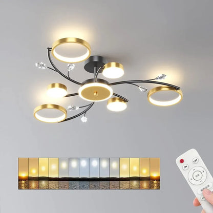 Lustra LED cu Telecomnda KARINA, 31W, 6 Elemente, Lumina Calda/Rece/Neutra, Dimabila, Auriu