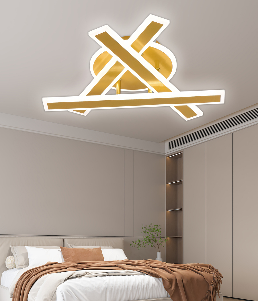 Lustra LED cu Telecomanda LT755/3GD, 62W, 40x5.5x10, Lumina Rece/Calda/Neutra, Dimabila, Auriu, Metal, Plexiglas