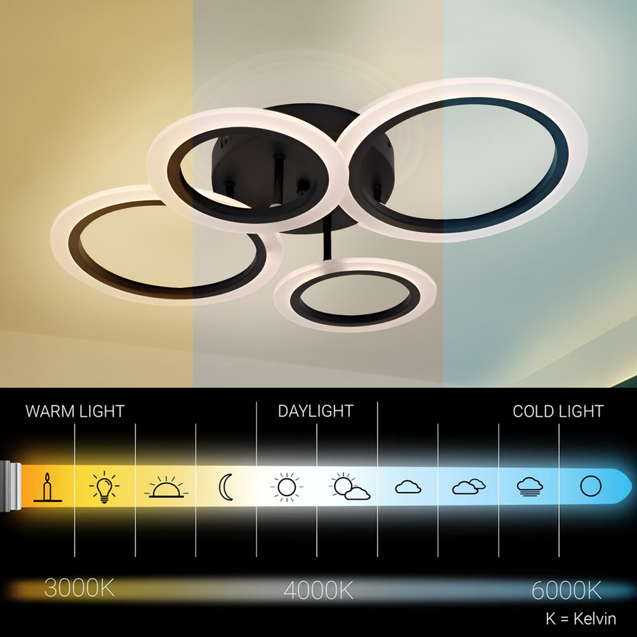 Lustra LED cu telecomanda BETTY 44W, 4 Cercuri, lumina Rece/Calda/Neutra, Dimabila, Negru