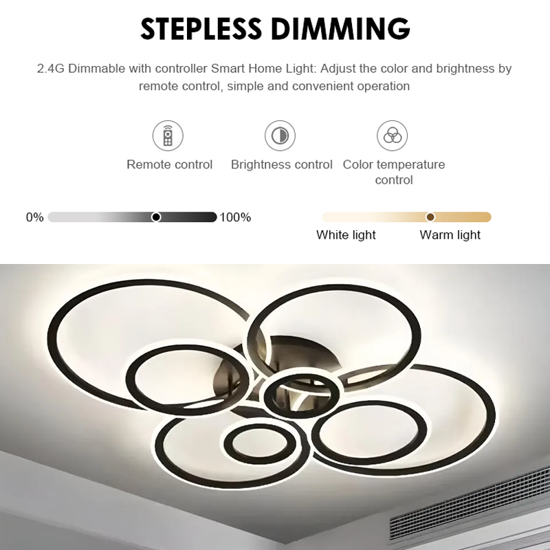 Lustra LED cu telecomanda BETTY 130W, 8 Cercuri, lumina Rece/Calda/Neutra, Dimabila, Negru