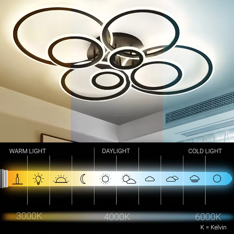 Lustra LED cu telecomanda BETTY 127W, 8 Cercuri, lumina Rece/Calda/Neutra, Dimabila, Negru