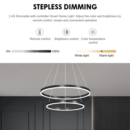 Lustra LED suspendata cu Telecomanda CASIANA 40W, 2 Cercuri, Lumina Rece/Calda/Neutra 3000K/4000K/6000K, Dimabila, Negru, Inaltime Reglabila, Metal si Acril
