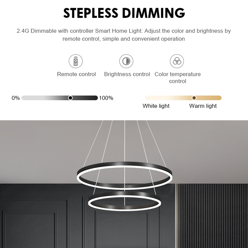 Lustra LED suspendata cu Telecomanda CASIANA 40W, 2 Cercuri, Lumina Rece/Calda/Neutra 3000K/4000K/6000K, Dimabila, Negru, Inaltime Reglabila, Metal si Acril