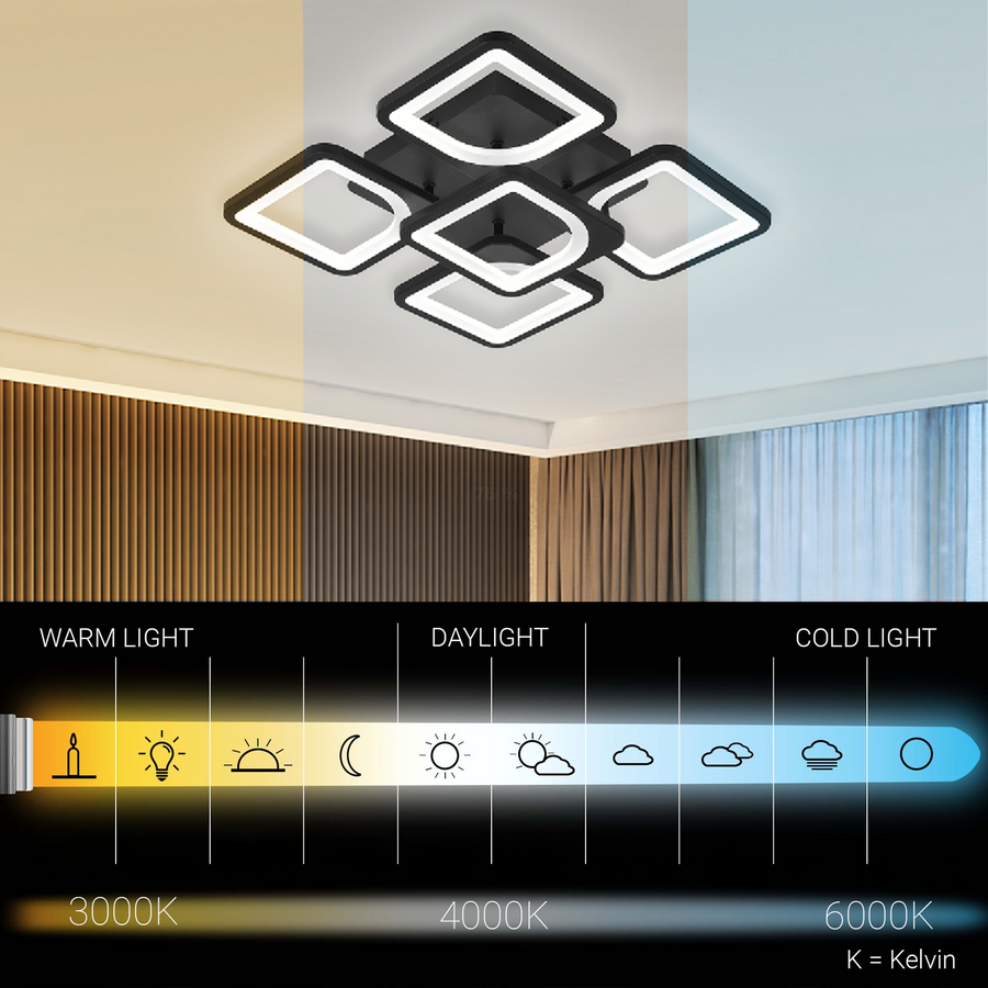 Lustra LED cu telecomanda ZOE 65W, 5 Patrate, lumina Rece/Calda/Neutra, Dimabila, Negru