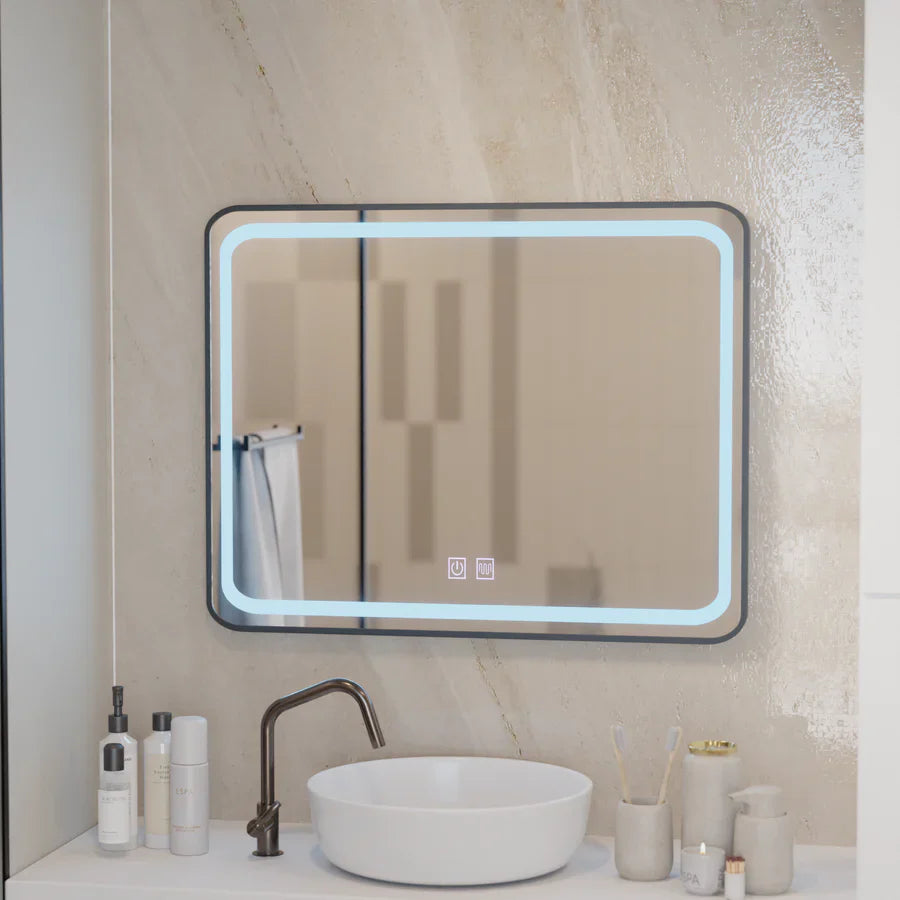Oglinda LED Rectangulara 90x75cm EDGE Touch Sistem Dezaburire, Rama Neagra