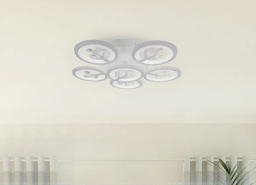 Lustra LED cu telecomanda si cristal DAISY 78W, 6 Elemente, lumina Rece/Calda/Neutra, Dimabila, Alb