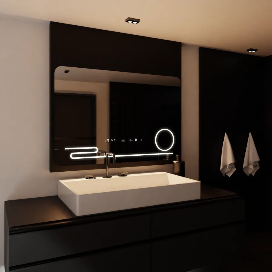 Oglinda LED Rectangulara, 100x60cm, Harmonie MotionGlow Marcello, Sistem Dezaburire, Ceas & Termometru, Lupa Cosmetica, Dimabila