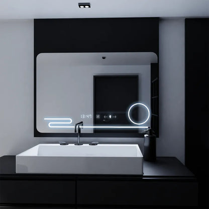 Oglinda LED Rectangulara, 100x60cm, Harmonie MotionGlow Marcello, Sistem Dezaburire, Ceas & Termometru, Lupa Cosmetica, Dimabila