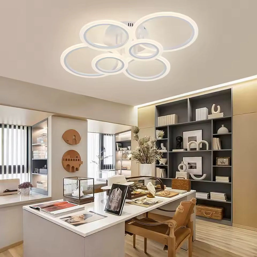Lustra LED cu telecomanda BETTY 82W, 6 Cercuri, lumina Rece/Calda/Neutra, Dimabila, Alb