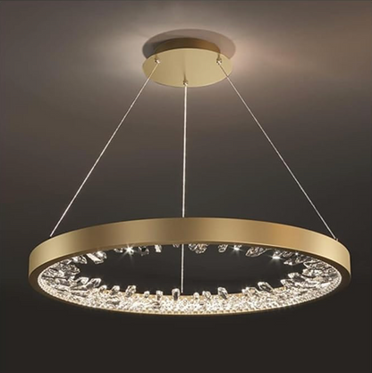 Lustra LED suspendata cu telecomanda, Cristale K9, 29W, 1 Cerc, lumina Rece/Calda/Neutra, Dimabila, Auriu, Inaltime Reglabila