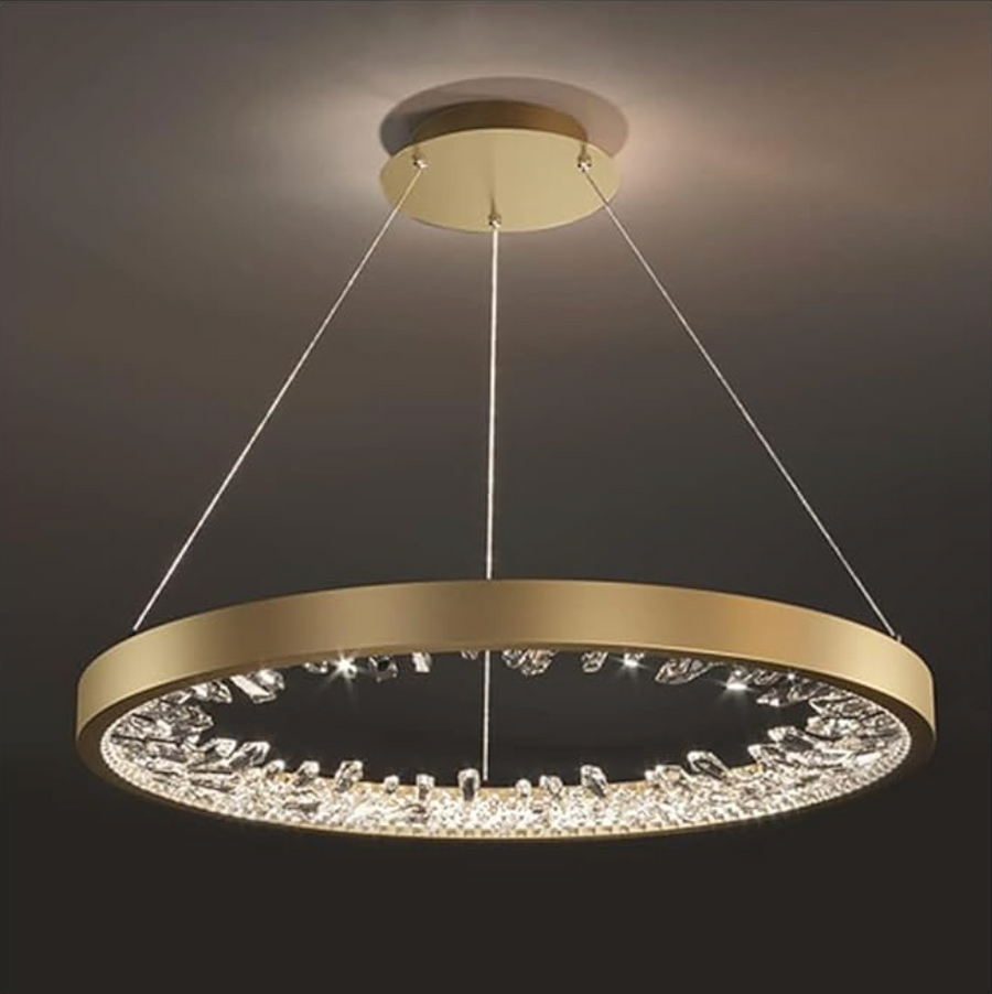 Lustra LED suspendata cu telecomanda, Cristale K9, 29W, 1 Cerc, lumina Rece/Calda/Neutra, Dimabila, Auriu, Inaltime Reglabila