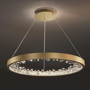 Lustra LED suspendata cu telecomanda, Cristale K9, 29W, 1 Cerc, lumina Rece/Calda/Neutra, Dimabila, Auriu, Inaltime Reglabila