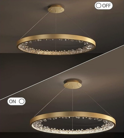Lustra LED suspendata cu telecomanda, Cristale K9, 29W, 1 Cerc, lumina Rece/Calda/Neutra, Dimabila, Auriu, Inaltime Reglabila