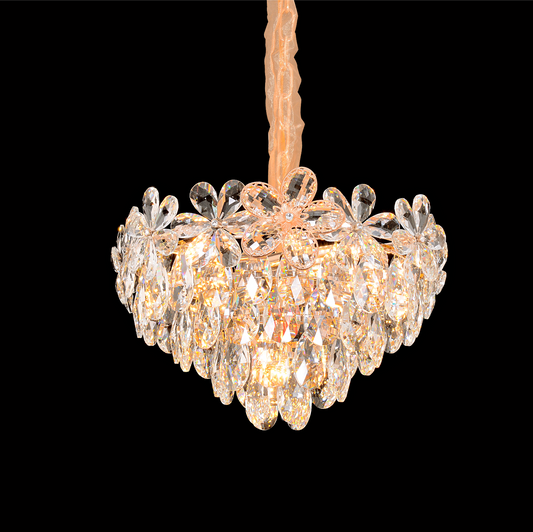 Candelabru Cristal, Eleganza 7xE14, Diametru 40cm, Auriu Lucios, Inaltime Reglabila, Metal si Cristal