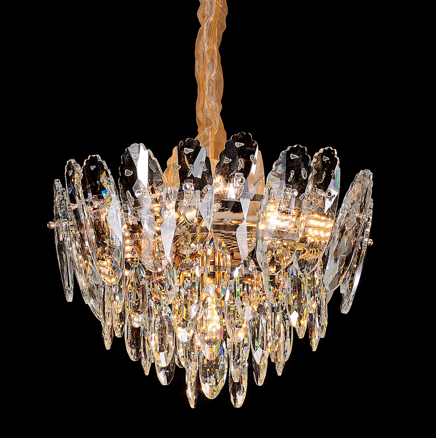 Candelabru Cristal, Eleganza, 7xE14, Diametru 40cm, Auriu Lucios, Inaltime Reglabila, Metal si Cristal