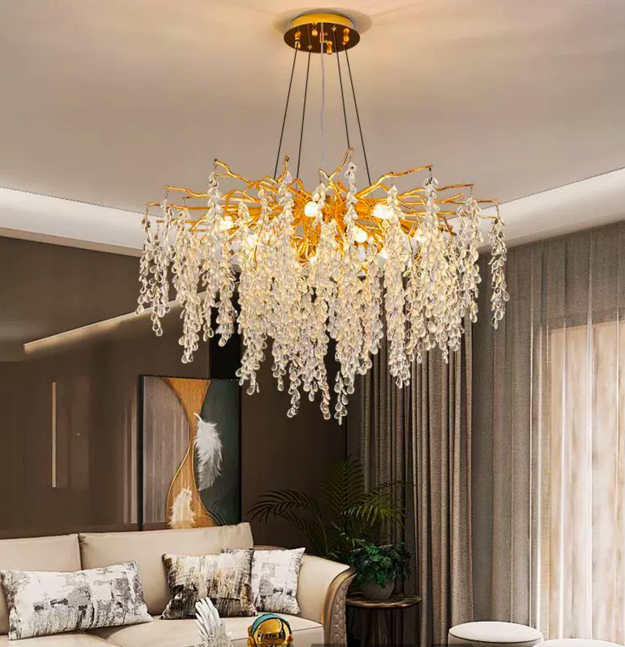 Candelabru Cristal WALTZ Cascade, 9x G9, Auriu, 80cm, Inaltime Reglabila