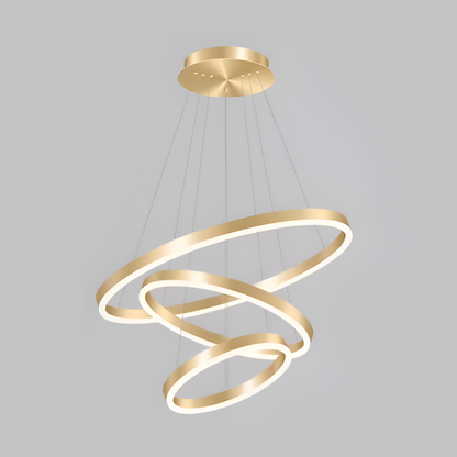 Lustra LED suspendata cu telecomanda ELIZABETH, 85W, 3 Cercuri, lumina Rece/Calda/Neutra, Dimabila, Auriu Lucios, Inaltime Reglabila