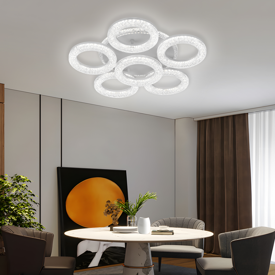Lustră LED FREJA cu Telecomandă, 51cm, 90W, 3000K/4000K/6000K, Dimabil, Alb, Cristale, 6 Cercuri