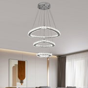 Lustra LED suspendata cu telecomanda si cristal PRISM LUMORA 63W, 3 Cercuri, lumina Rece/Calda/Neutra, Dimabila, Crom Lucios, Inaltime Reglabila