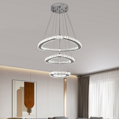 Lustra LED suspendata cu telecomanda si cristal PRISM LUMORA 63W, 3 Cercuri, lumina Rece/Calda/Neutra, Dimabila, Crom Lucios, Inaltime Reglabila
