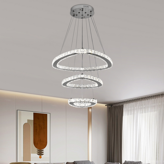 Lustra LED suspendata cu telecomanda si cristal PRISM LUMORA 63W, 3 Cercuri, lumina Rece/Calda/Neutra, Dimabila, Crom Lucios, Inaltime Reglabila