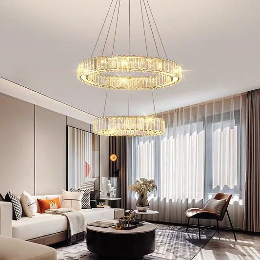Lustra LED cu telecomanda LLC130/2CH, Cristal si Metal, 62W, 2 Cercuri, Dimabila, Inaltime Reglabila, Lumina Rece/Calda/Neutra, Iluminat Luxos