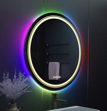 Oglinda LED Rotunda, 70cm, Celeste MotionGlow Marcello, Lumina RGB, Boxa Bluetooth, Sistem Dezaburire, Ceas & Termometru, Dimabila 70X70BTRGB