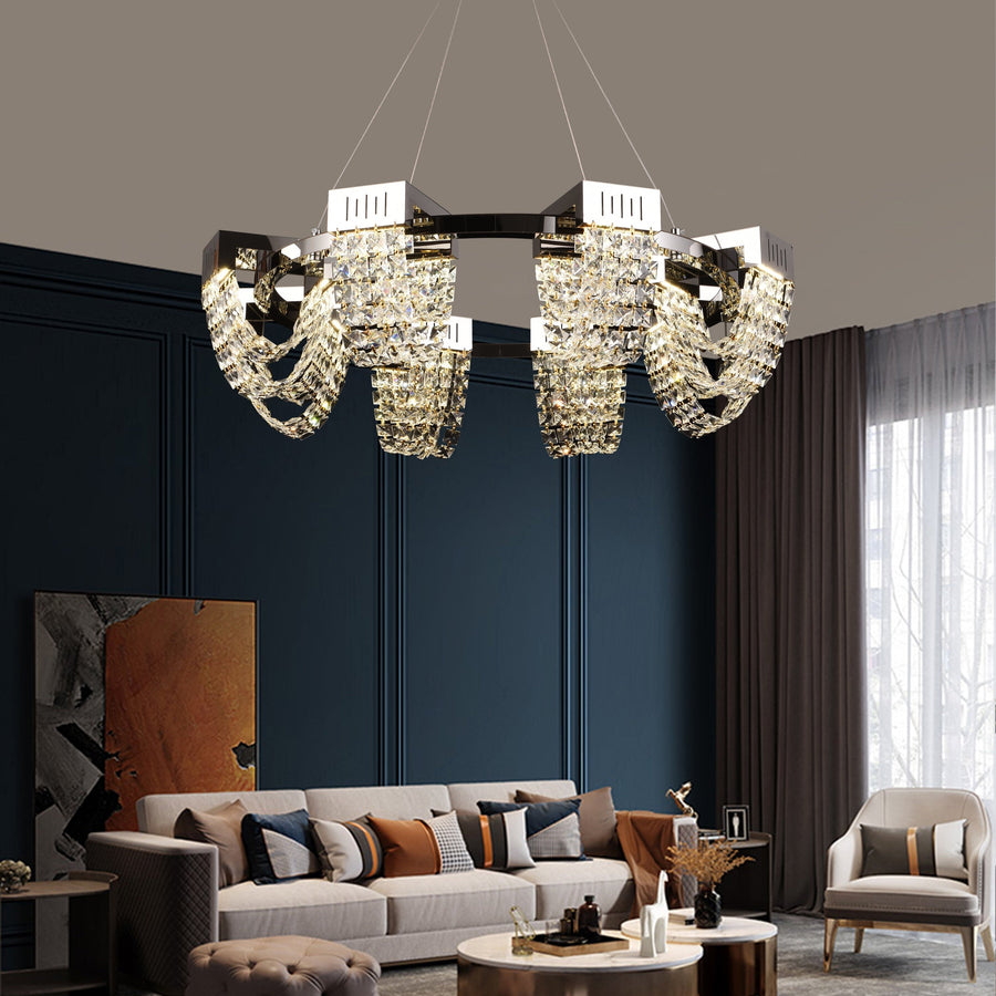 Candelabru Cristal LED 24W, STRATUS Regalis, Diametru 80cm, Crom Lucios, Inaltime Reglabila, Lumina Calda Neutra Rece 3000K/4000K/6000K, Metal si Cristal
