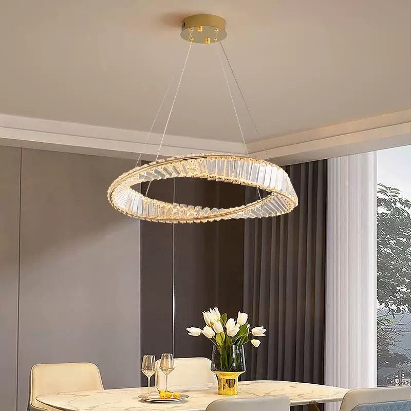 Lustra LED cu telecomanda si cristal LUIGI, 57W, lumina Rece/Calda/Neutra, Dimabila, Auriu