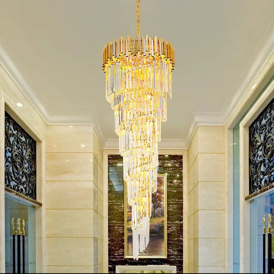 Candelabru Cristal CC110/600x1800GD , 28xE14, Diametru 60cm, Inaltime 180cm, Auriu Lucios, Inaltime Reglabila, Design Elegant