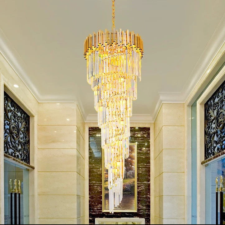 Candelabru Cristal CC110/600x1800GD , 28xE14, Diametru 60cm, Inaltime 180cm, Auriu Lucios, Inaltime Reglabila, Design Elegant
