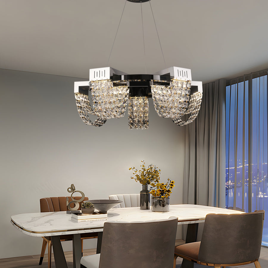 Candelabru Cristal LED 15W, STRATUS Magno , Diametru 50cm, Crom Lucios, Lumina Calda Neutra Rece 3000K/4000K/6000K Inaltime Reglabila, Metal si Cristal