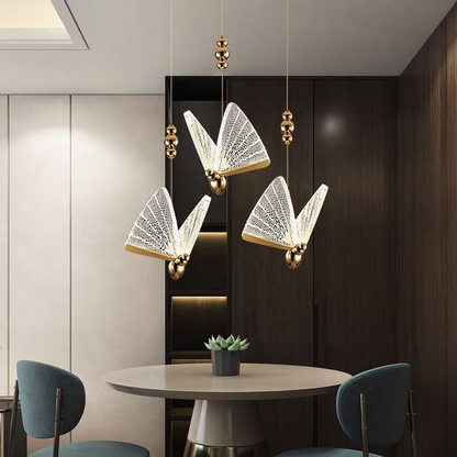 Lustră Suspendată LED Acril Butterfly 9W, Lumina Calda/Neutra/Rece 3000K/4000K/6000K, Auriu, Metal și Acril, Inaltime Reglabila