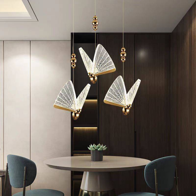Lustră Suspendată LED Acril Butterfly 9W, Lumina Calda/Neutra/Rece 3000K/4000K/6000K, Auriu, Metal și Acril, Inaltime Reglabila