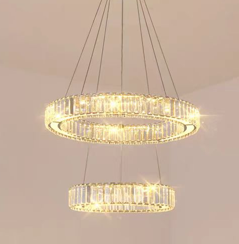 Lustra LED LLC130/2CH, Cristal si Metal, 62W, 2 Cercuri, Dimabila, Inaltime Reglabila, Lumina Rece/Calda/Neutra, Iluminat Luxos